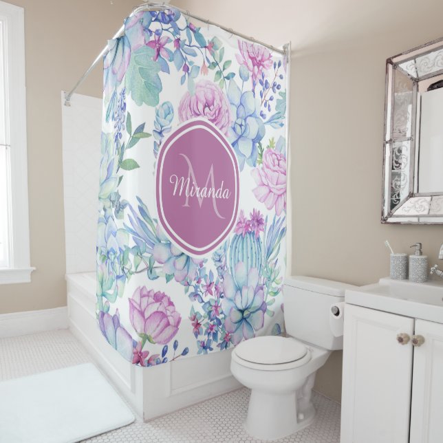 Rideaux De Douche Floral succulent pourpre et bleu élégant avec le (En situation)