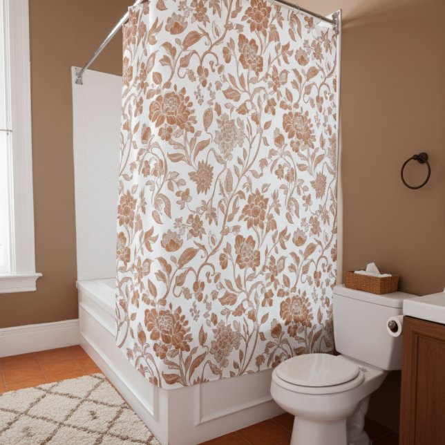 Rideaux De Douche Floral Terracotta Toile Pattern (Add a touch of rustic charm to your home with this Floral Terracotta Toile Pattern Shower Curtain!)