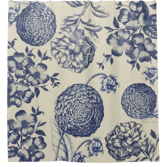 Rideaux De Douche Flore d'impression florale de fleurs bleues antiqu (Devant)