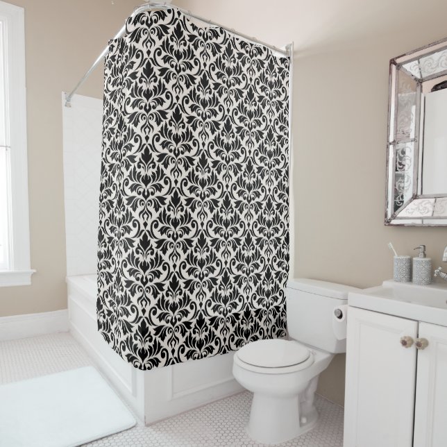 Rideaux De Douche Flourish Damask Pattern Black on Cream (En situation)