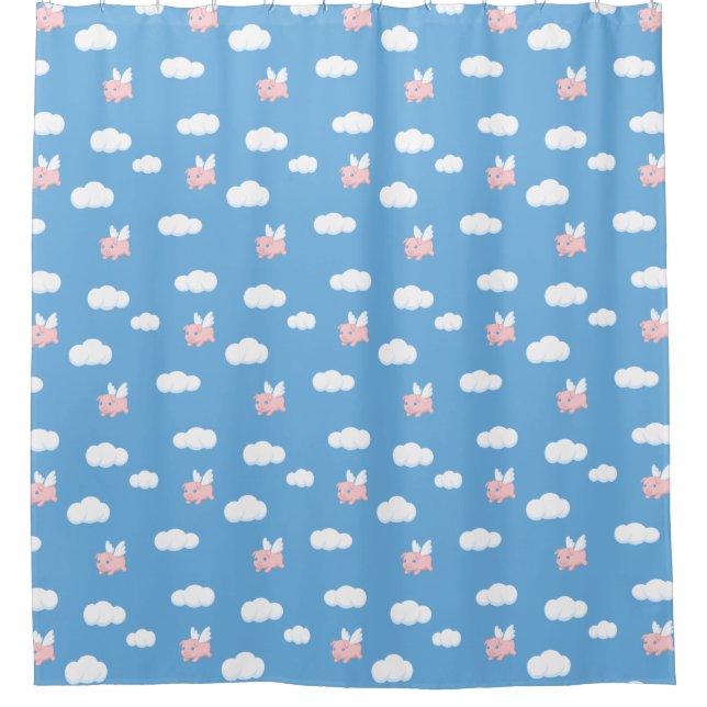 Rideaux De Douche Flying Pig Cute Piglet with Wings on Blue Pattern (Devant)