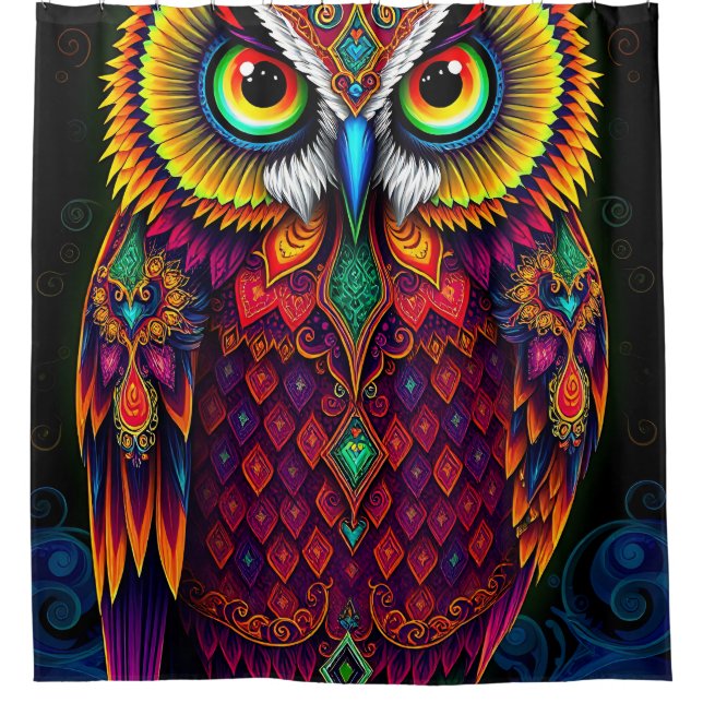 Rideaux De Douche Folk Art Owl: Whimsical Red Teal Design (Devant)
