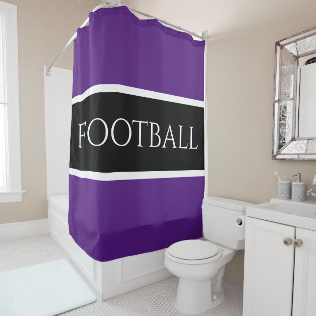 Rideaux De Douche FOOTBALL Sportif Royal violet noir blanc rayures (En situation)
