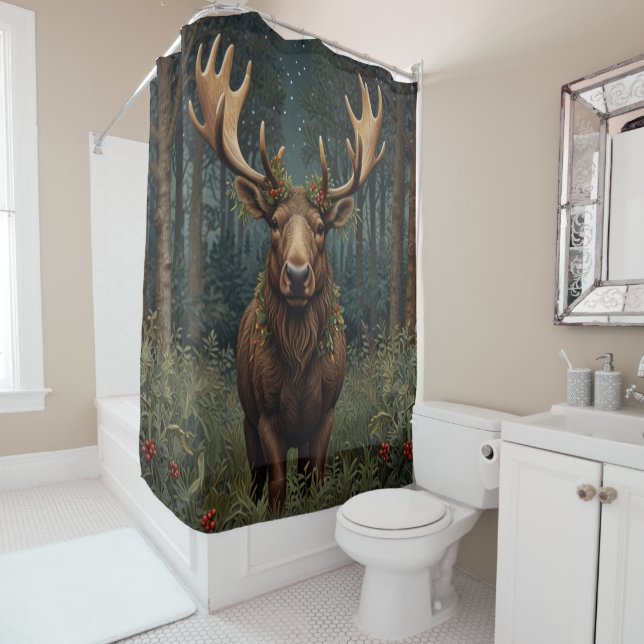 Rideaux De Douche Forêt boisée d'orignal de Noël rustique (En situation)