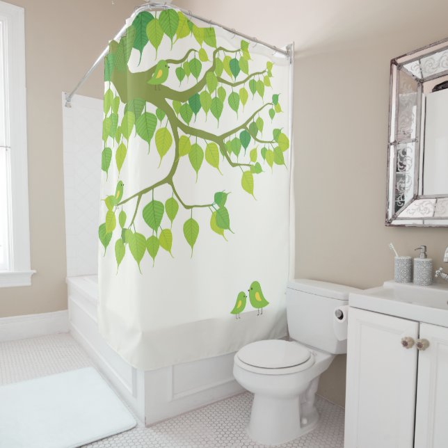 Rideaux De Douche Forêt nordique paisible : oiseaux et Feuilles d'ét (En situation)