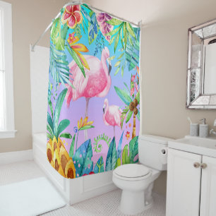 Rideaux De Douche Forêt Tropicale Colorée Aux Flamants roses Roses