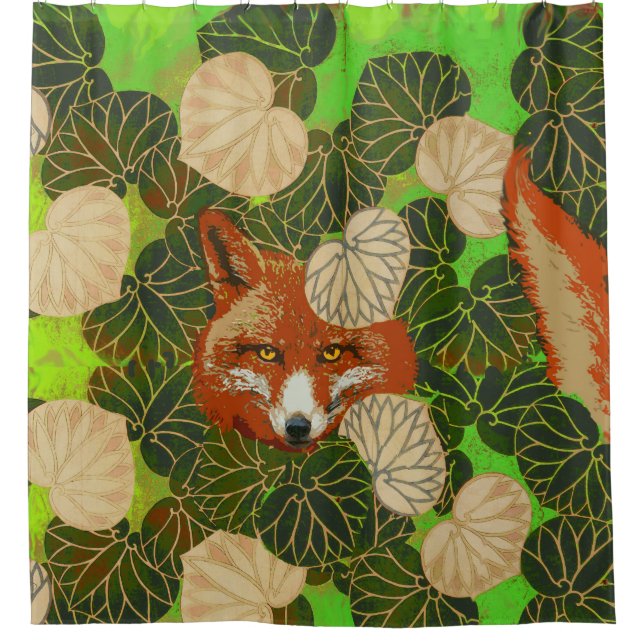 RIDEAUX DE DOUCHE FOX ROUGE PARMI LES FEUILLES VERTS ET LE FOLIAGE (Devant)