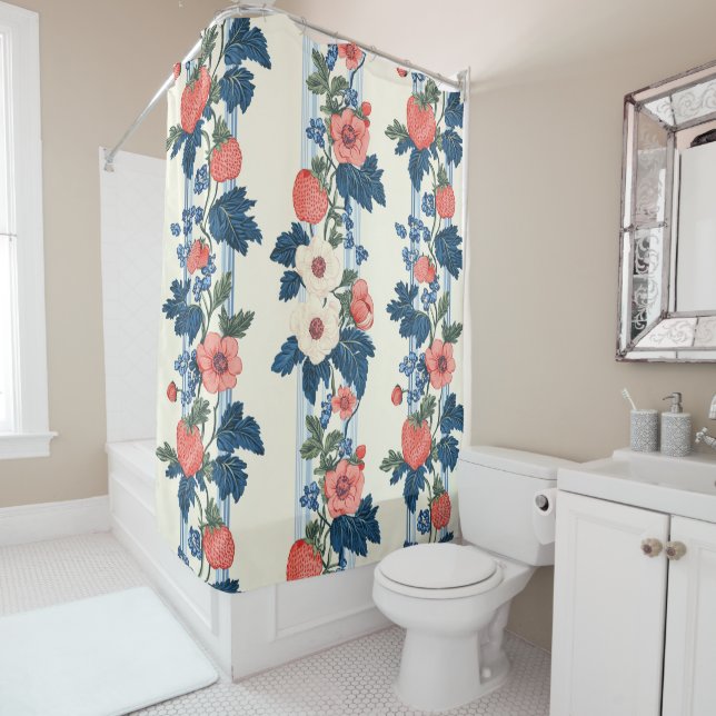 Rideaux De Douche Fraises vintages et Feuilles bleus motif floral (En situation)