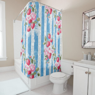 Rideaux De Douche Fraises vintages et fleurs sur bandes bleues