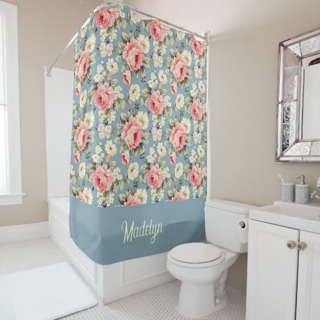 Rideaux De Douche French Country Cottage Floral Dusty Blue Monogram (En situation)