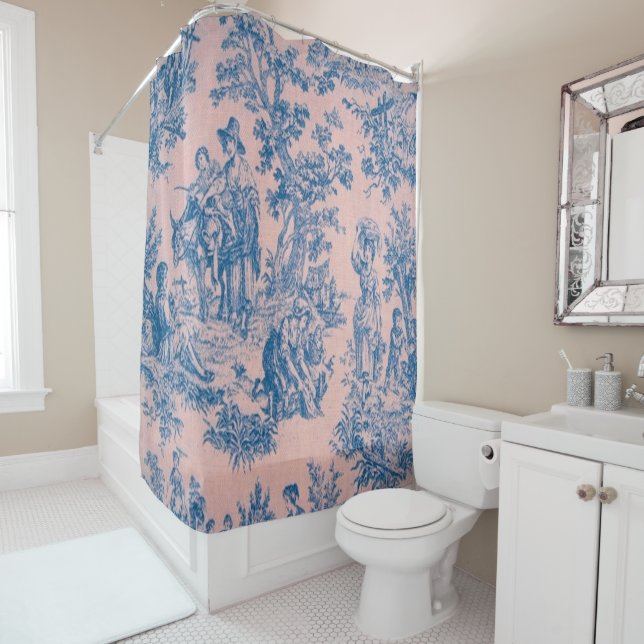 Rideaux De Douche French toile de jouy bleu et rose élégant (En situation)
