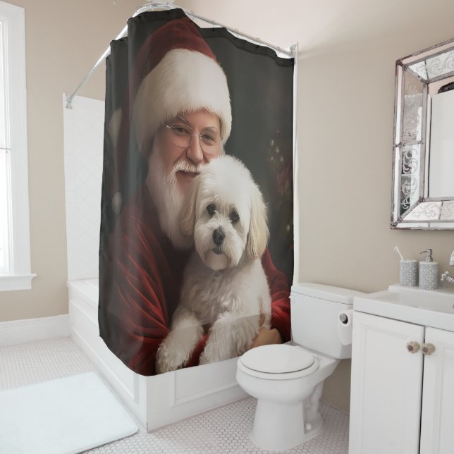Rideaux De Douche Frise de Bichon avec Noël Festif du Père Noël (En situation)