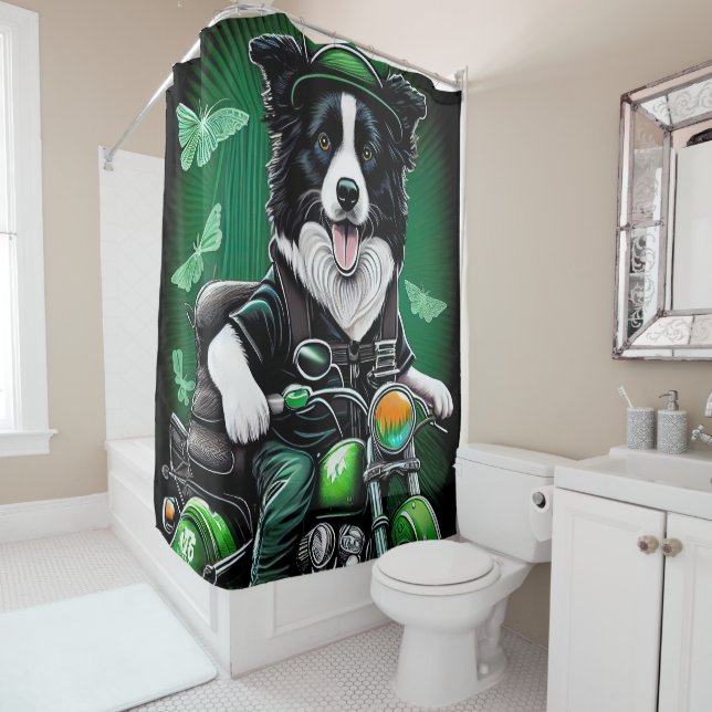 Rideaux De Douche Frontière Collie Chien Conduite Vélo St. Patrick's (En situation)