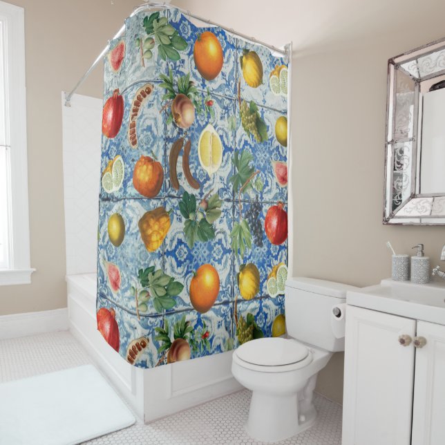 Rideaux De Douche Fruit d'été méditerranéen & Mosaïque Bleue Blanc (En situation)