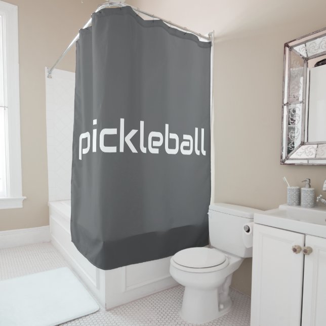 Rideaux De Douche Fun Sporty Moderne Blanc PICKLEBALL Texte Sur Grey (En situation)