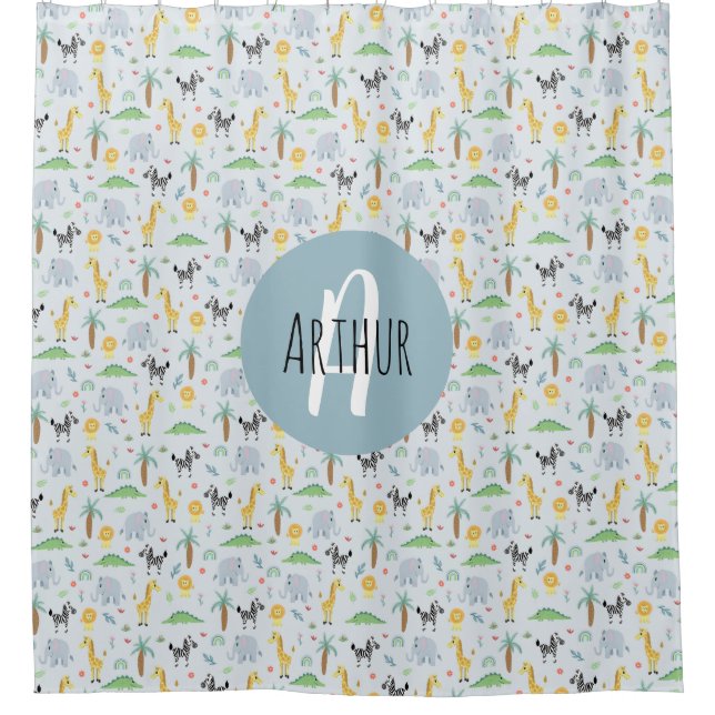 Rideaux De Douche Garçons Cute Jungle Safari Animaux Zèbre & Nom Enf (Devant)