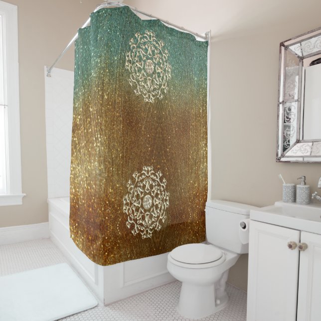 Rideaux De Douche Gemmes d'or sur Shimmery Gold Green (En situation)