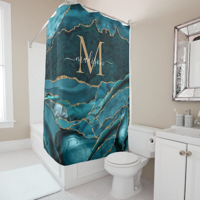 Rideaux De Douche Géode d'or vert Turquoise moderne Géode Monogramme (En situation)