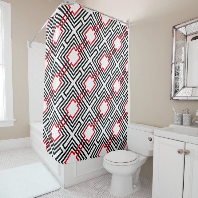 Rideaux De Douche Géométrique rouge et blanc noir (En situation)