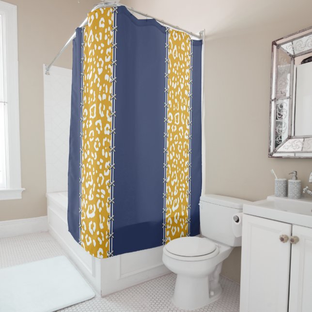 Rideaux De Douche Géopard, bleu marine, blanc, jaune moutarde, cousu (En situation)