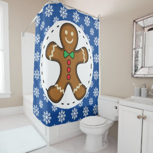 Rideaux De Douche Gingerbread Man on Blue White Snowflakes