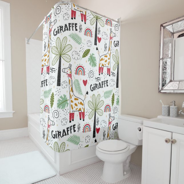 Rideaux De Douche Giraffe Safari thème Palm Tree, Arc en ciel, doodl (En situation)