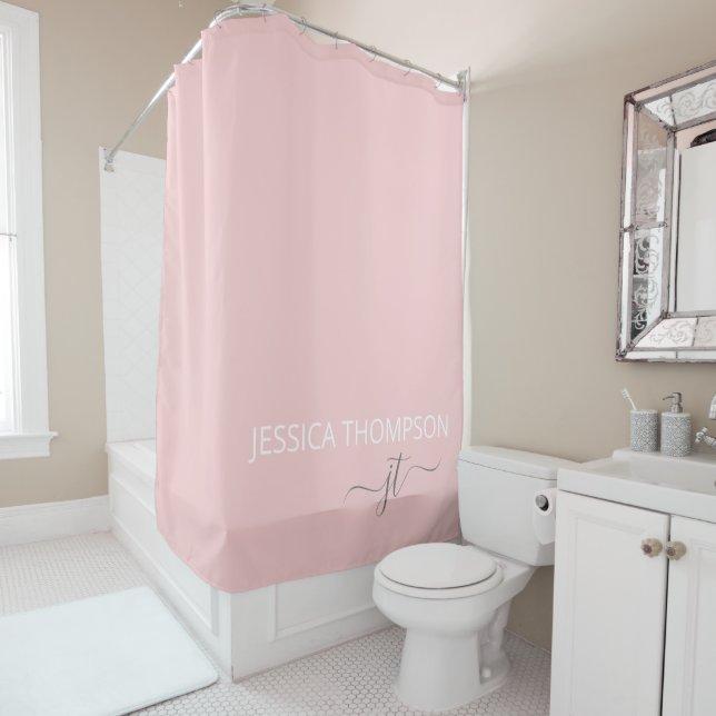 Rideaux De Douche Girl Blush Pink Moderne Simple Monogramme Nom (En situation)