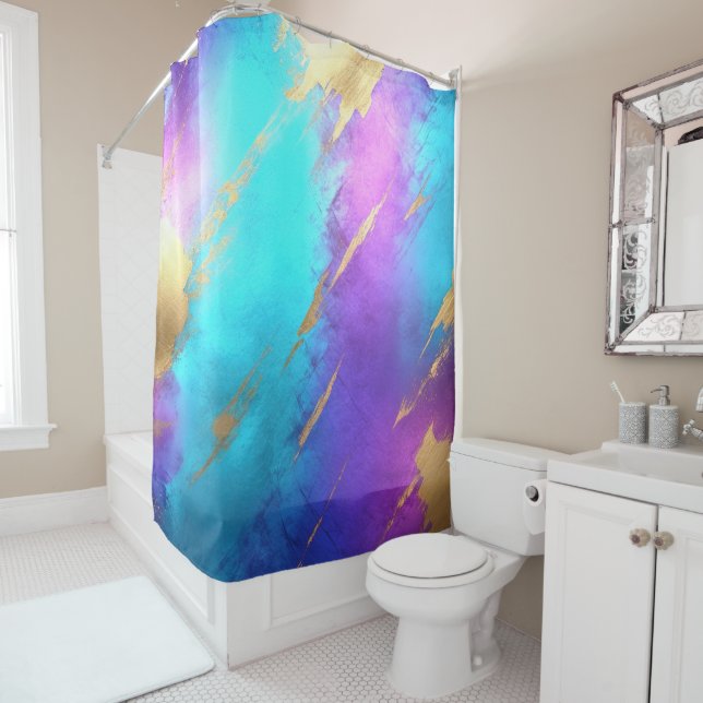 Rideaux De Douche Glam Perdu violet Turquoise Or (En situation)