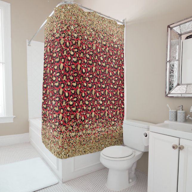 Rideaux De Douche Glam Red Leopard de la Parties scintillant d'or (En situation)