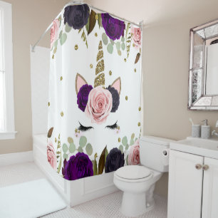 Rideaux De Douche Glamour Floral Sombre Paillettes Dorées Licorne Te