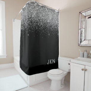 Rideaux De Douche Glitter Argent Noir Monogramme Nom Salle de Bain