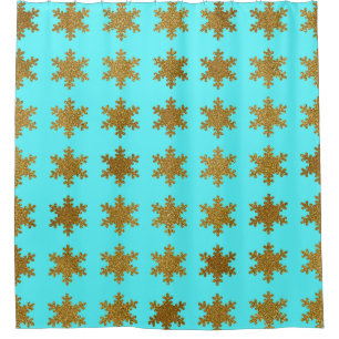 Rideaux De Douche Glittery Gold Snowflake Motif Turquoise Bleu
