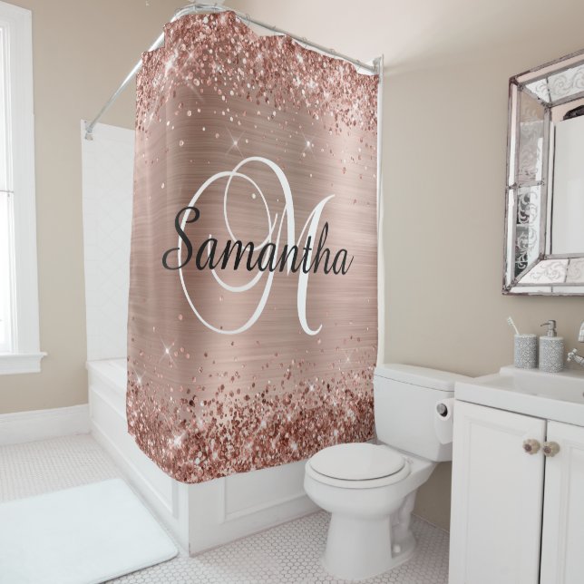Rideaux De Douche Glittery Rose Golf Foil Classic Script M Monogramm (En situation)