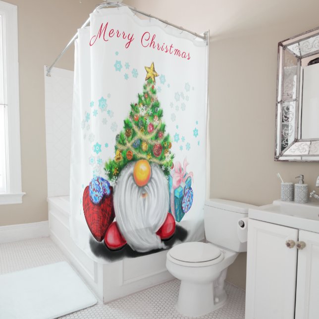Rideaux De Douche Gnome mignonne avec arbre de Noël Casquette et cad (En situation)