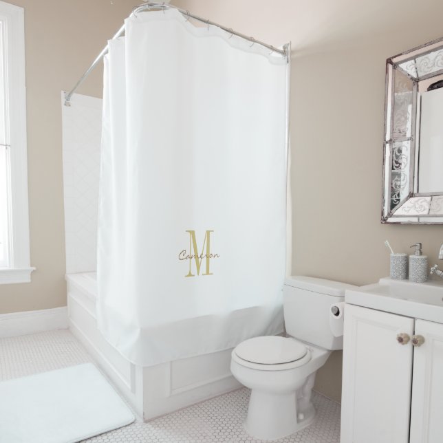 Rideaux De Douche Gold blanc initial et nom personnalisé (En situation)