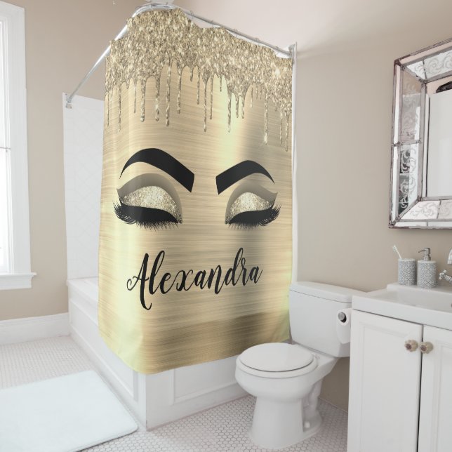 Rideaux De Douche Gold Glitter Sparkle Eyelashes Monogram (En situation)