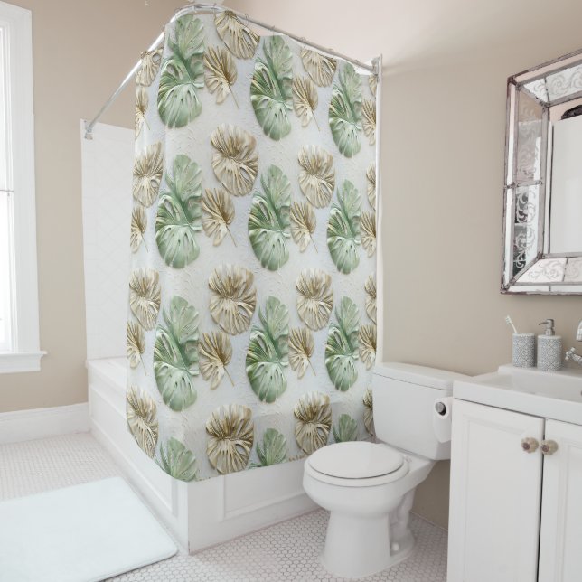 Rideaux De Douche Gold Green White Feuilles tropicaux (En situation)