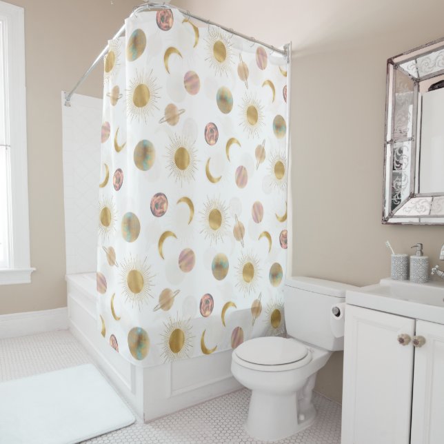 Rideaux De Douche Gold Sun Moon Planètes Space Illustration blanche (En situation)
