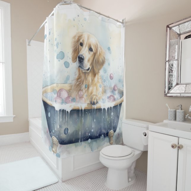 Rideaux De Douche Golden Retriever dans la baignoire aquarelle chien (En situation)