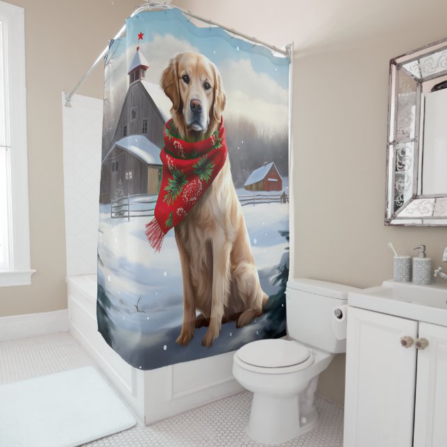Rideaux De Douche Golden Retriever Dog in Snow Christmas (En situation)