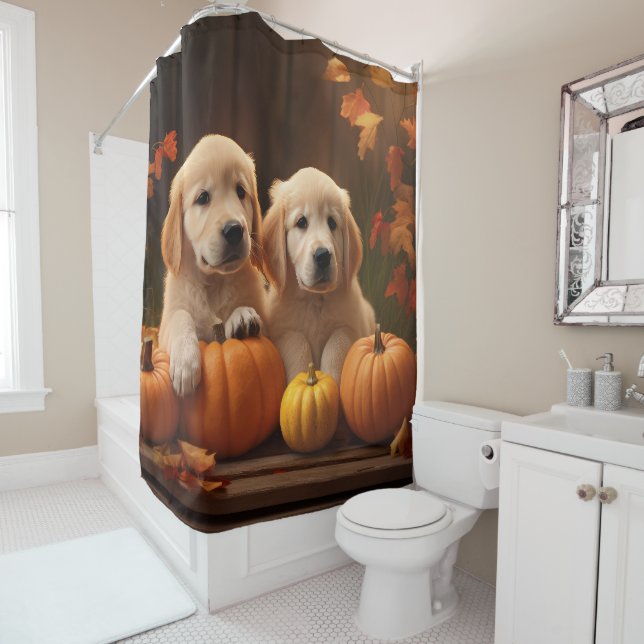 Rideaux De Douche Golden Retriever Puppy Automne Citrouille de plais (En situation)
