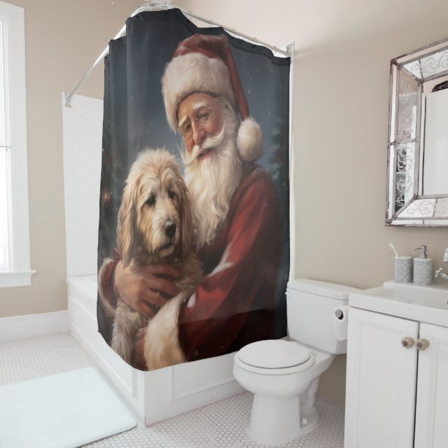 Rideaux De Douche Goldendoodle avec Noël Festif du Père Noël (En situation)