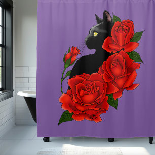 Rideaux De Douche Gothique Chat Noir Roses Rouges Violet