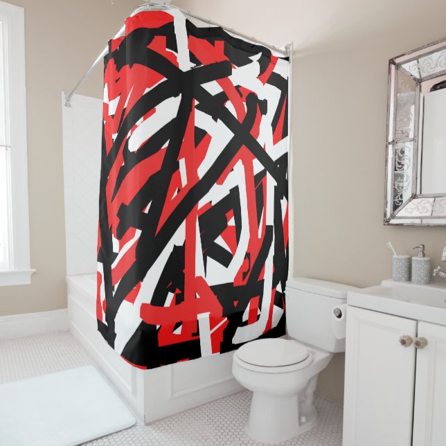 Rideaux De Douche Graffiti noir, blanc et rouge (En situation)