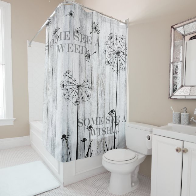 Rideaux De Douche Graines de pissenlit, barrière en bois blanche (En situation)