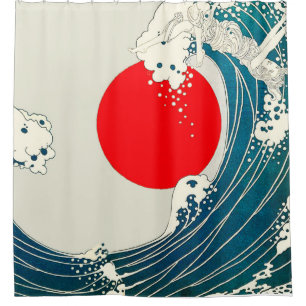Rideaux De Douche GRANDE VAGUE ET ROUGE SOLEIL Bleu Blanc Nautique