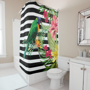 Rideaux De Douche Grandes Et Fleurs Noires Et Blanches Et Parrot