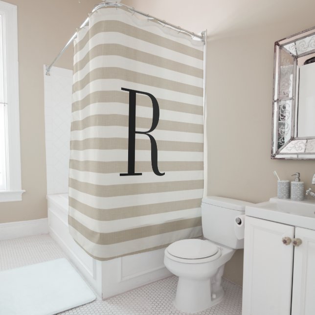 Rideaux De Douche Grandes rayures beiges Grand Monogramme | Salle de (En situation)