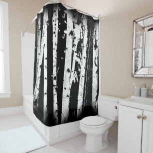 Rideaux De Douche Graphique de la forêt de bouleaux noirs et blancs