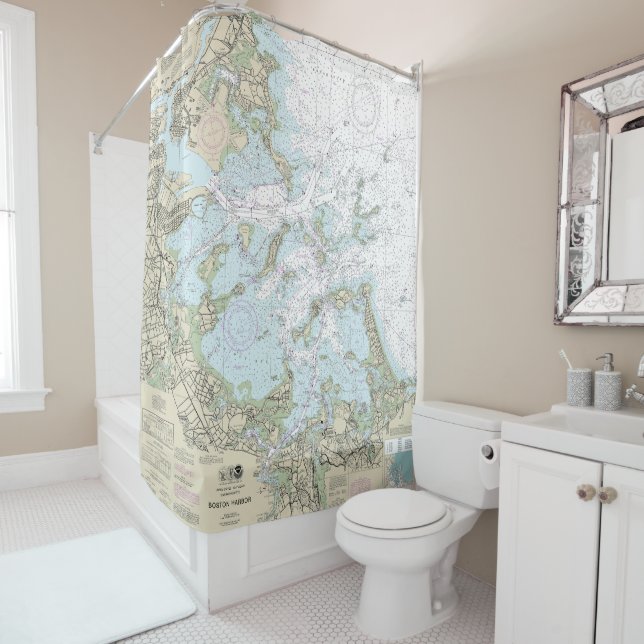 Rideaux De Douche Graphique nautique du port de Boston 13270 (En situation)